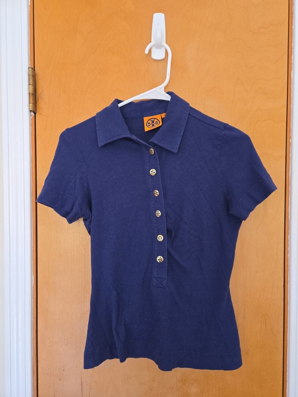 Tory Burch Navy Blue Polo Shirt with TB Signature Logo Buttons Size XS